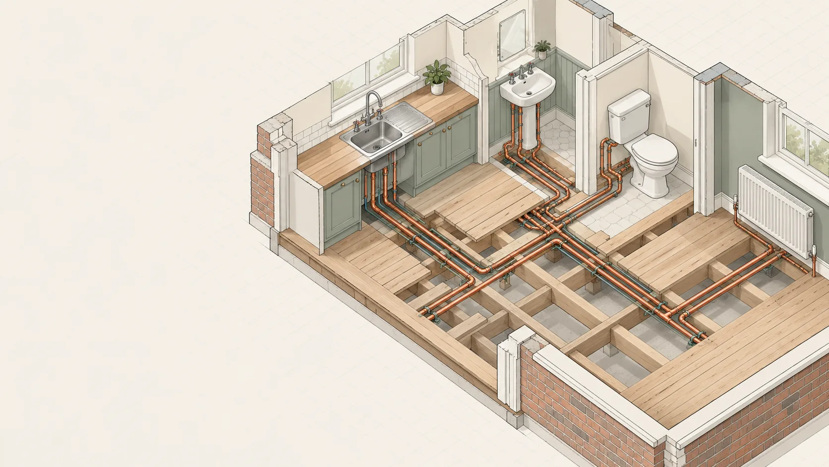 Isometric illustration of new copper pipework run beneath lifted floorboards to a sink, basin, toilet and radiator