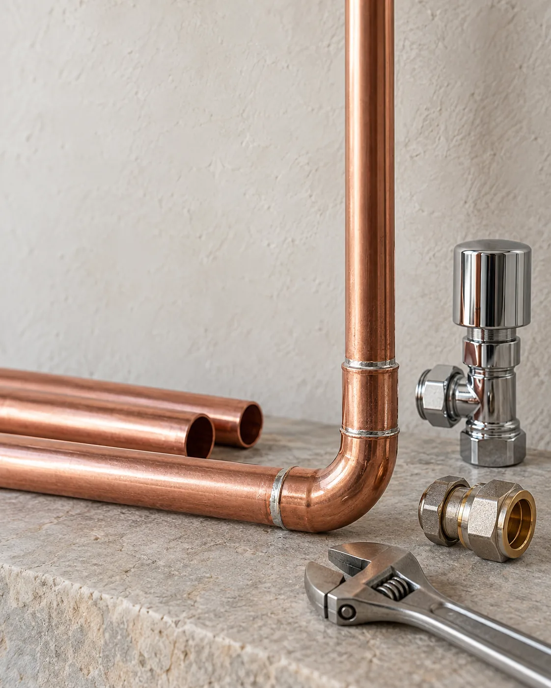 Illustration of new copper pipe with a soldered elbow, a radiator valve and a spanner on a stone slab